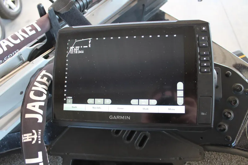 Slide: The Image of Garmin marine display on 2020 Ranger Z185 boat dashboard, showing navigation data. - 35