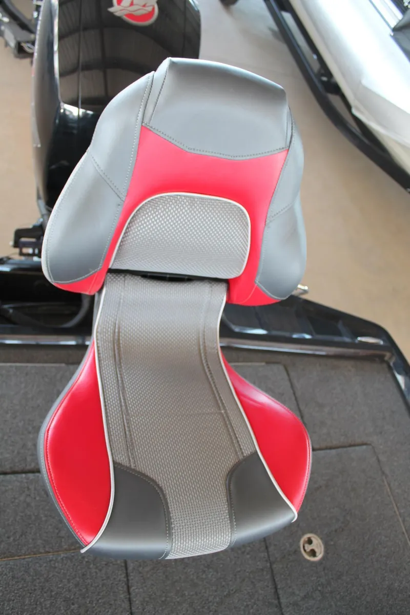 Slide: The Image of 2020 Ranger Z185 boat seat with red and gray upholstery. - 36