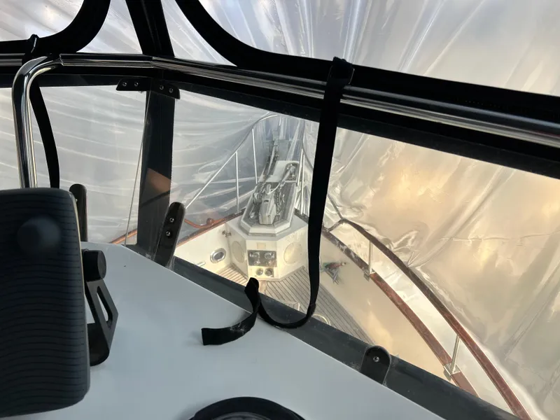 Slide: The Image of 1999 Grand Banks Classic yacht interior view with protective covering. - 32