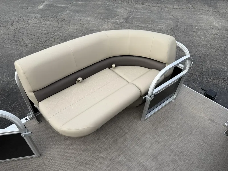 Slide: The Image of 2025 Sun Tracker Party Barge 16 DLX seating area with beige upholstery. - 6