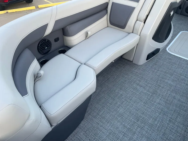 Slide: The Image of 2024 Barletta Cabrio 22UC interior seating with gray upholstery and modern design. - 25