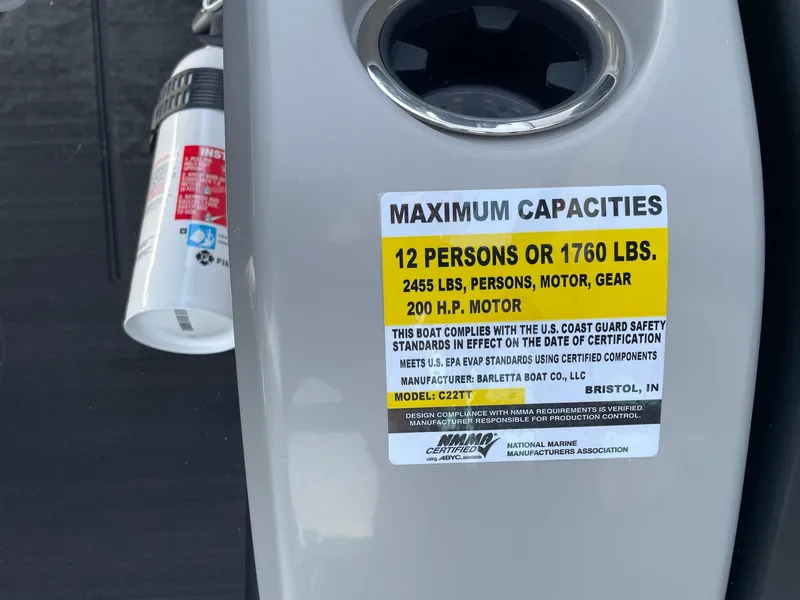 Slide: The Image of 2024 Barletta Cabrio 22UC capacity label, 12 persons or 1760 lbs, 200 HP motor. - 35