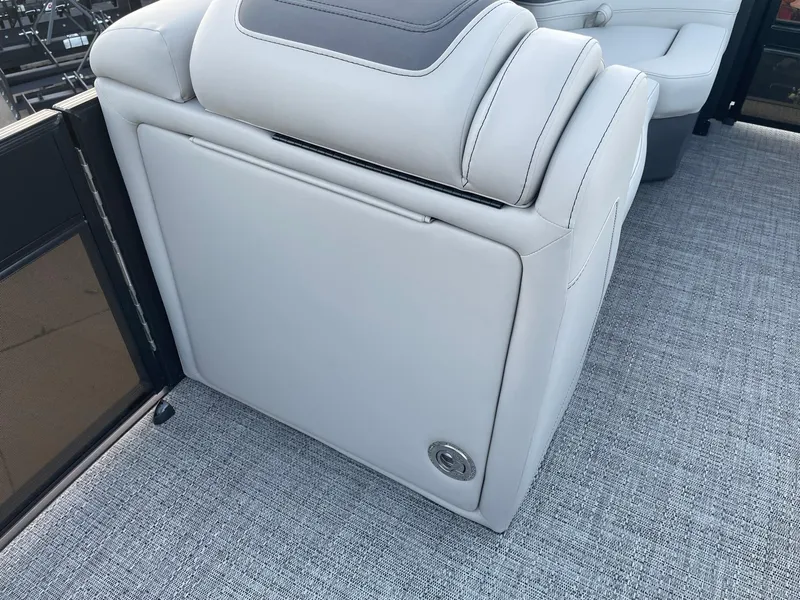 Slide: The Image of 2024 Barletta Cabrio 22UC boat seat with gray upholstery and textured flooring. - 38