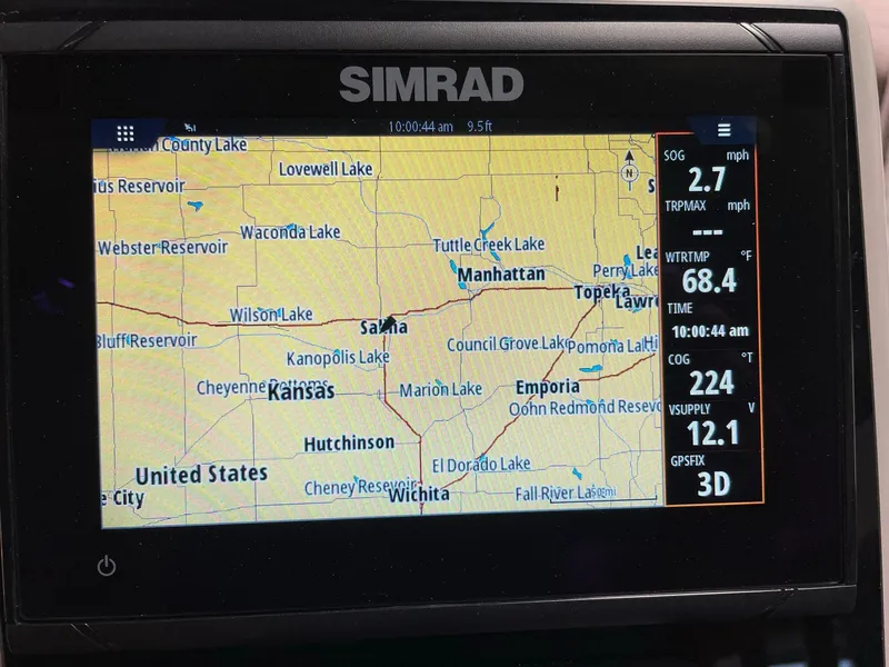 Slide: The Image of Simrad navigation display on 2024 Barletta Cabrio 22UC, showing Kansas map and speed data. - 45