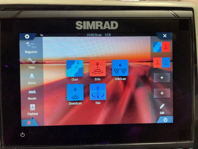 Slide: The Image of Simrad display screen on 2024 Barletta Cabrio 22UC, showing navigation and sonar options. - 46