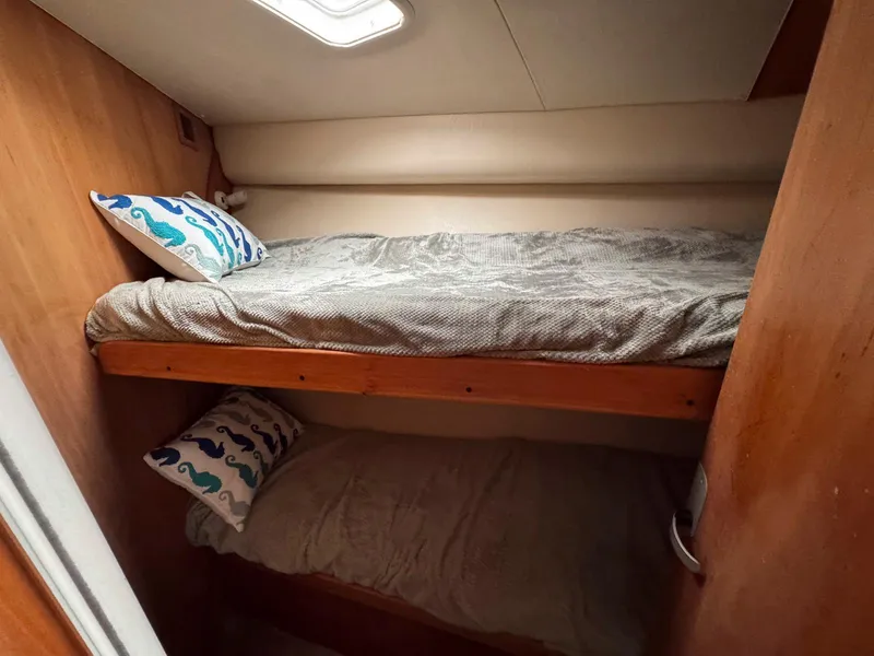 Slide: The Image of Bunk beds in 1999 Luhrs 360 Convertible boat cabin with nautical-themed pillows. - 17