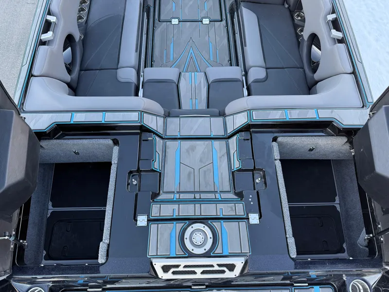 Slide: The Image of 2022 Supra SL boat interior with sleek seating and modern design elements. - 19