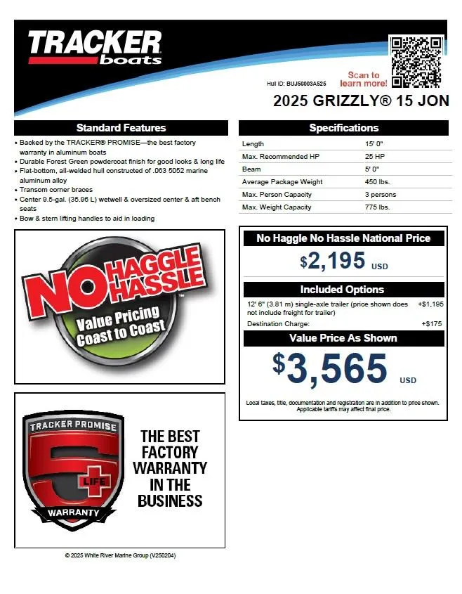 Slide: The Image of 2025 Tracker Grizzly 1542 Utility boat features, pricing, and warranty details. - 18