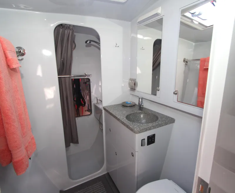 Slide: The Image of Bathroom interior of 2018 Chris White Atlantic 49 MastFoil yacht, featuring shower and sink. - 14