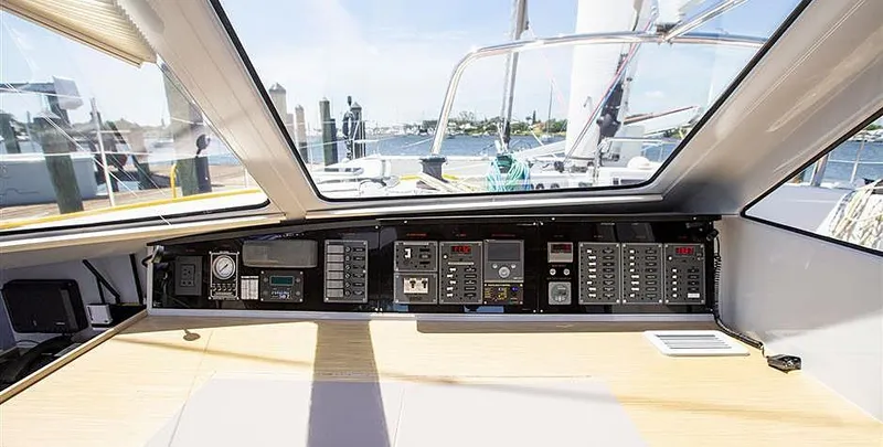 Slide: The Image of Control panel of 2018 Chris White Atlantic 49 MastFoil yacht, featuring navigation instruments. - 18