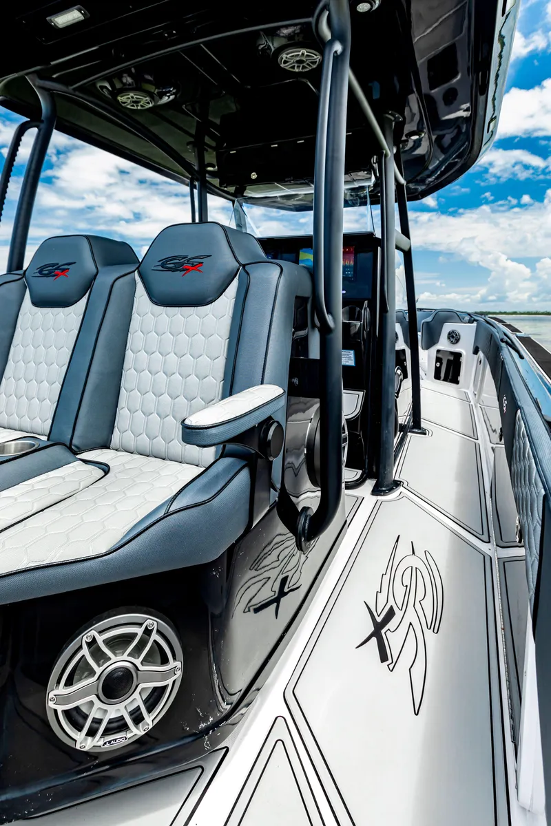 Slide: The Image of 2025 Glasstream GSX boat interior with modern seating and sleek design. - 15
