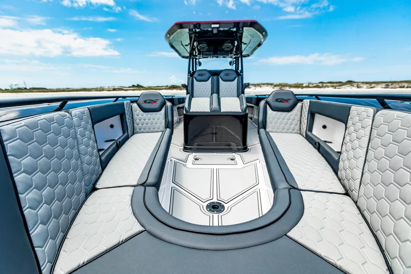 Slide: The Image of 2025 Glasstream GSX boat interior with modern seating and sleek design. - 18