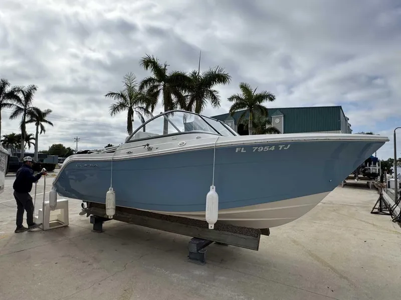 Slide: The Image of 2023 Cobia 220 DC boat on lift, palm trees in background. - 2