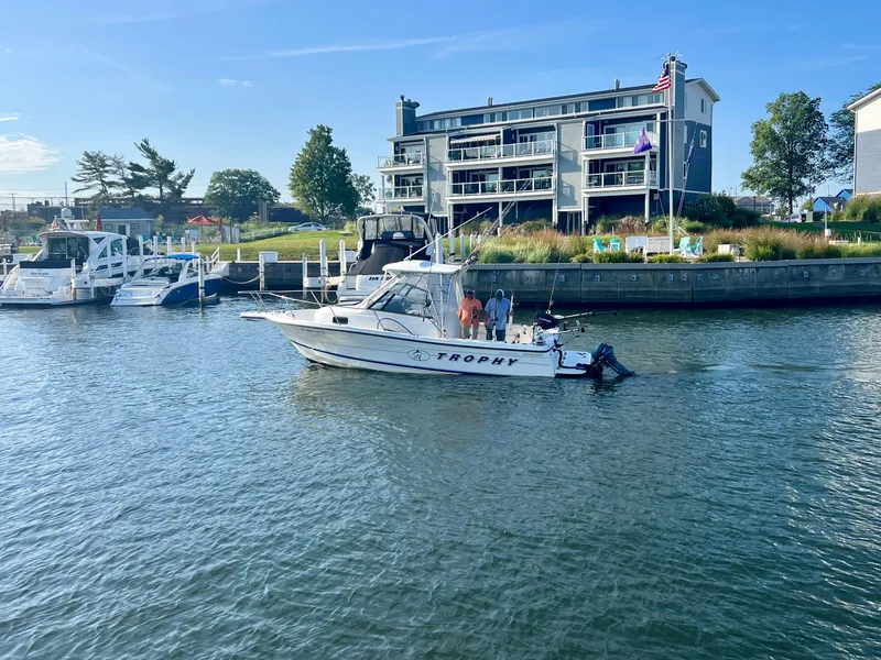 The Image of 1996 Trophy 2352 Walkaround boat docked near waterfront buildings. - 0