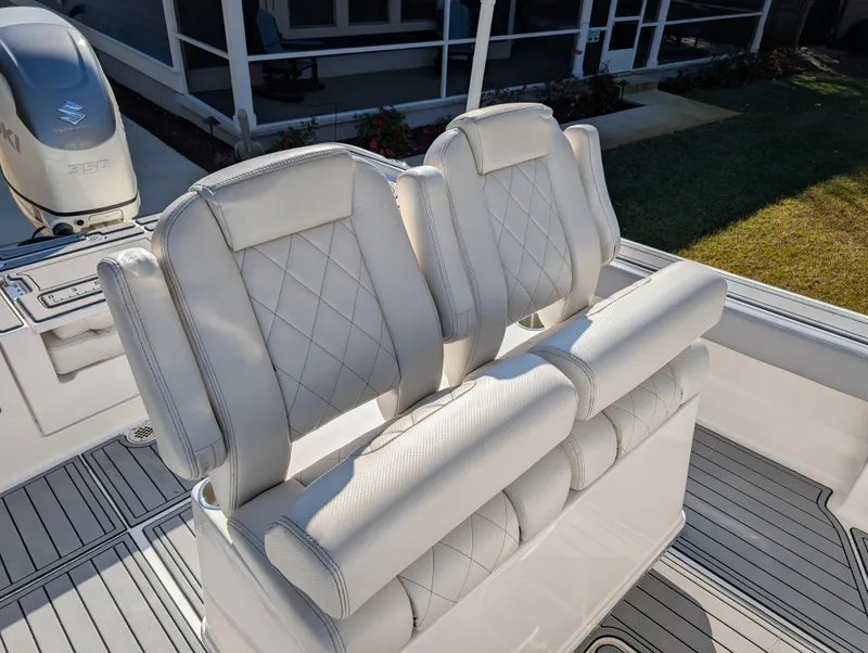 Slide: The Image of Luxury seating on 2020 Blue Wave 2800 Makaira boat with diamond-stitched upholstery. - 24