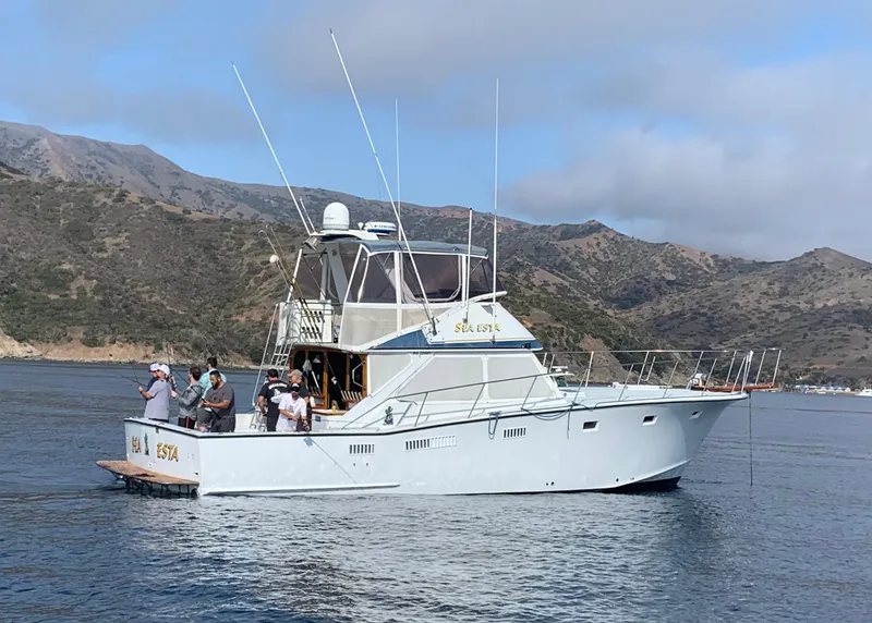 Slide: The Image of 1979 Pacifica 44 Flybridge yacht docked at marina under clear blue sky. - 3