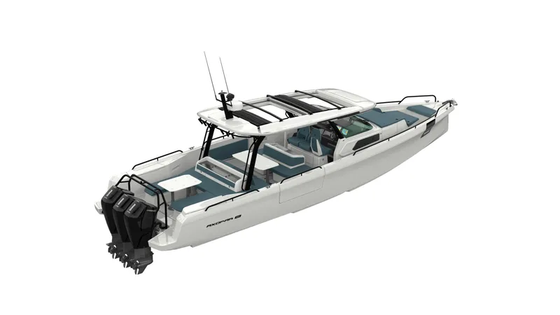 Slide: The Image of 2025 Axopar 45 SUN TOP boat with sleek design and triple outboard engines. - 18