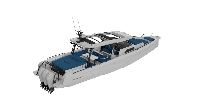 Slide: The Image of 2025 Axopar 45 SUN TOP boat with sleek design and dual outboard engines. - 19