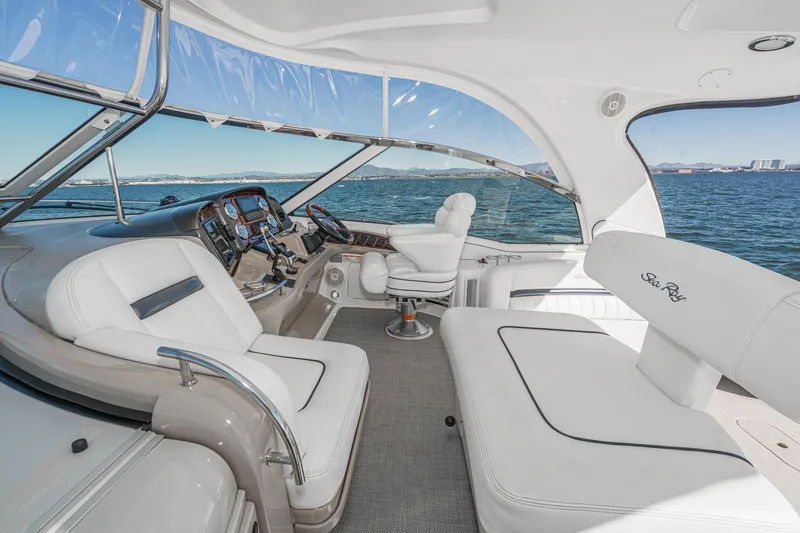 Slide: The Image of Luxurious 2005 Sea Ray 500 Sundancer yacht interior with plush seating and ocean view. - 47