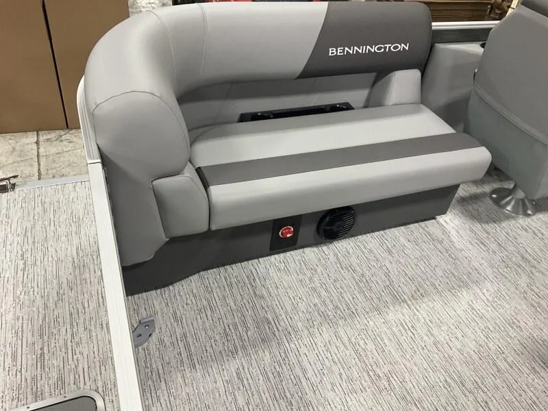 Slide: The Image of 2025 Bennington 20 S STERN RADIUS boat interior seating, gray upholstery. - 3