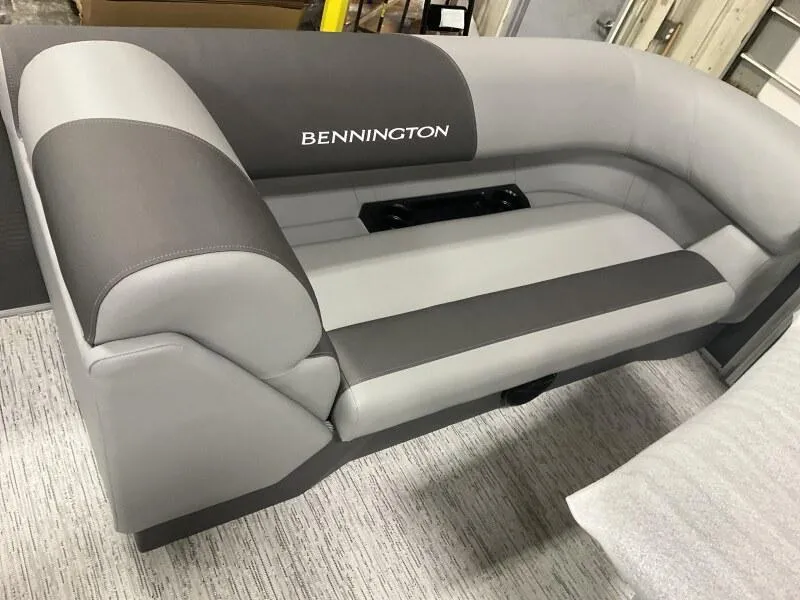 Slide: The Image of 2025 Bennington 20 S STERN RADIUS boat seating, gray and black upholstery. - 5