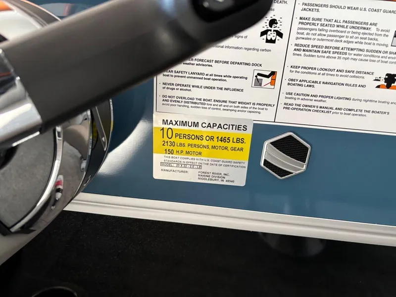 Slide: The Image of 2024 South Bay 200 Series S222CR2 capacity label, 10 persons, 2130 lbs, 150 HP motor. - 5