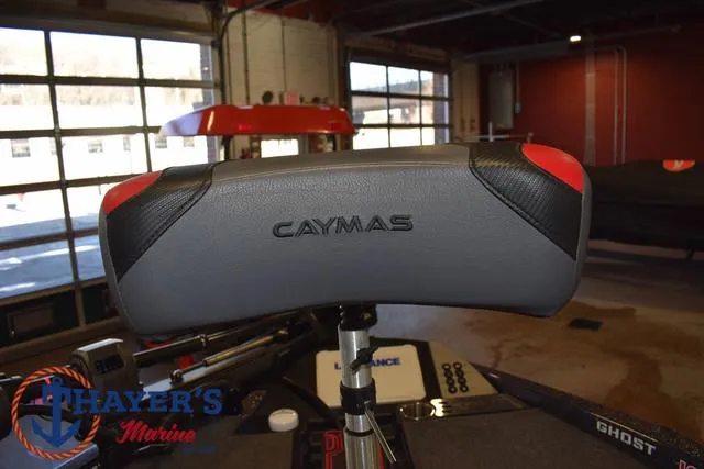 Slide: The Image of Caymas CX 21 boat seat in showroom, 2022 model, Thayer's Marine logo visible. - 14