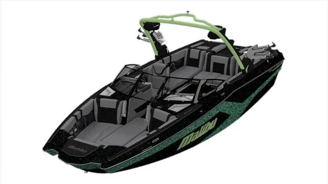 Slide: The Image of 2025 Malibu 23 MXZ boat with sleek black and green design, featuring modern seating and equipment. - 1