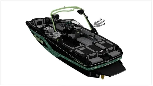 Slide: The Image of 2025 Malibu 23 MXZ boat with sleek black and green design, featuring modern seating and equipment. - 3