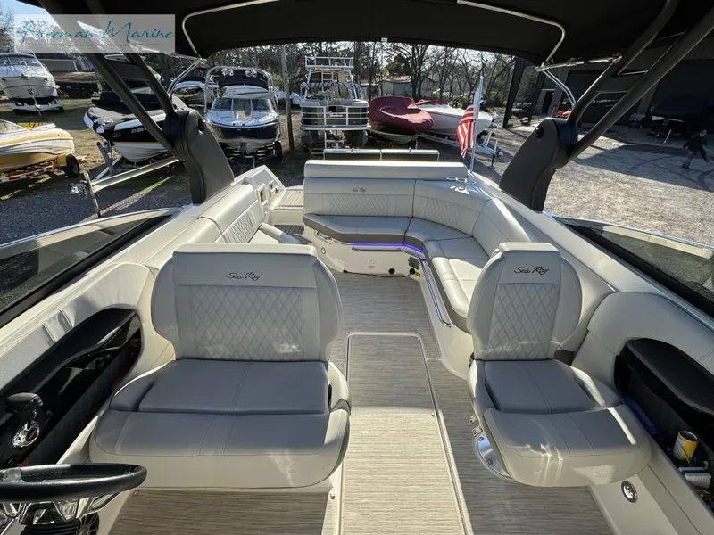 Slide: The Image of 2020 Sea Ray SLX 280 boat interior with luxurious seating and modern design. - 43