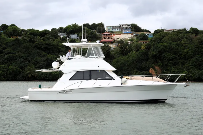 Slide: The Image of 2000 Riviera Flybridge Convertible yacht on calm water, lush green background. - 2