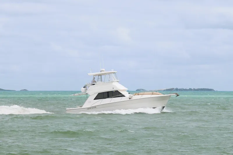 Slide: The Image of 2000 Riviera Flybridge Convertible cruising on open water under cloudy skies. - 8