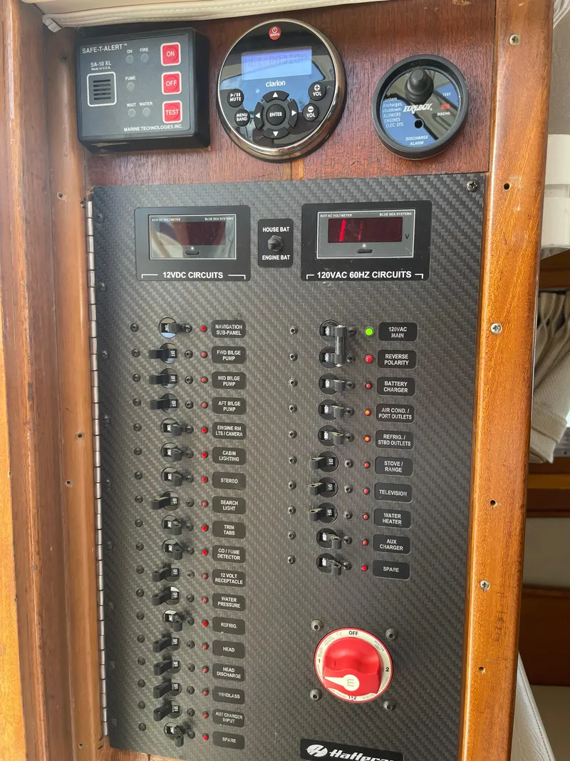 Slide: The Image of Control panel of a 1967 Hatteras 28 Cruiser boat with various switches and gauges. - 19