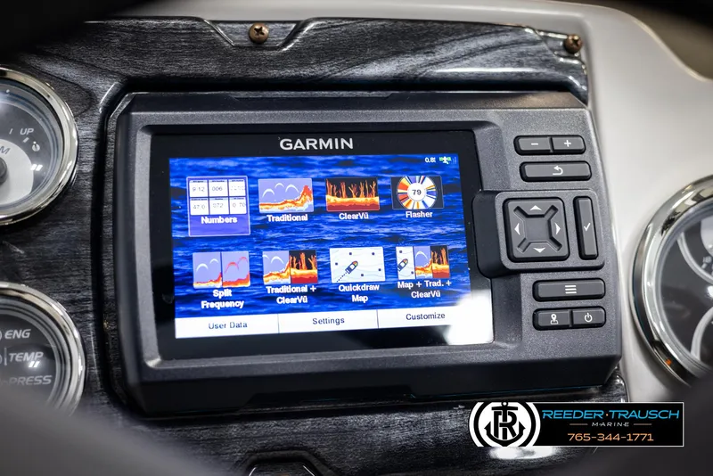 Slide: The Image of Garmin display on 2021 Avalon VLS QL dashboard with navigation and sonar options. - 30