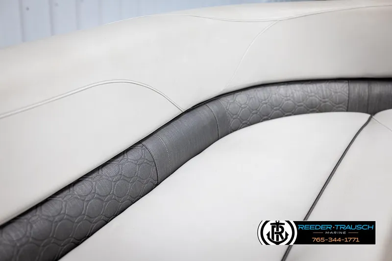 Slide: The Image of 2021 Avalon VLS QL boat interior with elegant gray and white upholstery. - 34