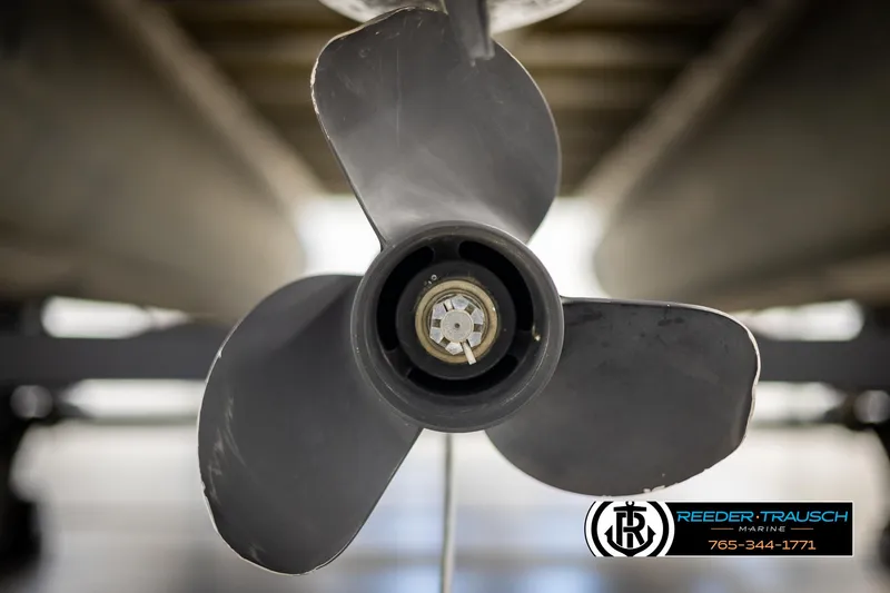 Slide: The Image of Close-up of a 2021 Avalon VLS QL boat propeller in a showroom. - 42