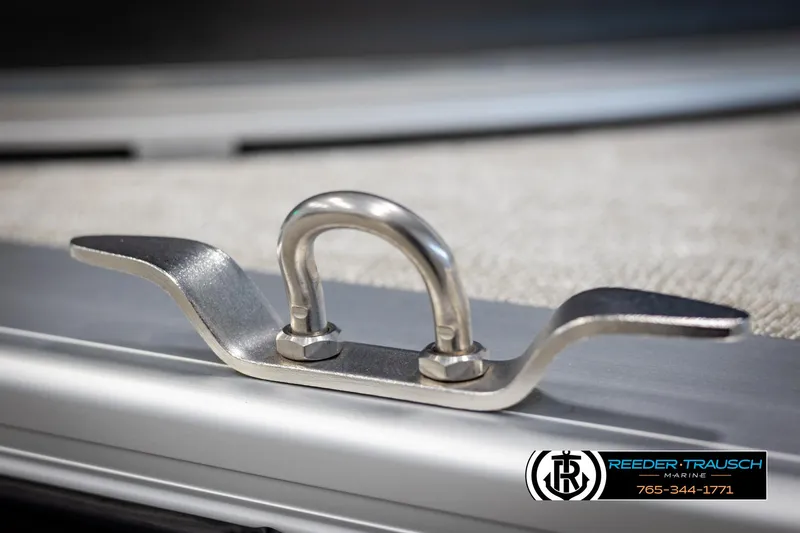 Slide: The Image of Stainless steel cleat on Avalon VLS QL 2021 boat, Reeder-Trausch Marine branding visible. - 47