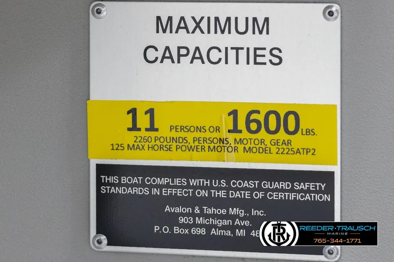Slide: The Image of 2021 Avalon VLS QL capacity plate: 11 persons or 1600 lbs, 125 HP motor max. - 48