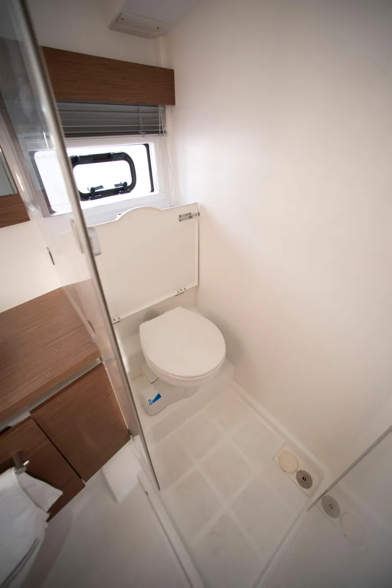 Slide: The Image of Bathroom interior of 2017 Jeanneau Leader 40 yacht, featuring modern fixtures and compact design. - 40