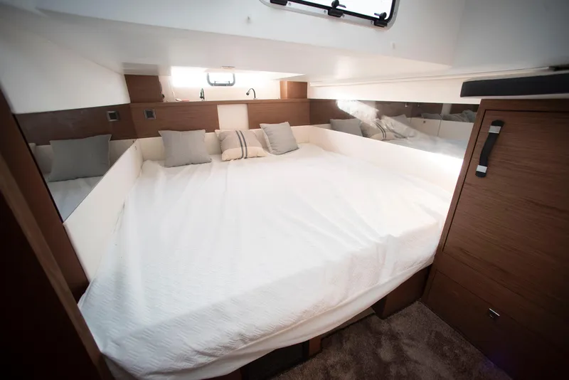 Slide: The Image of Luxurious cabin interior of 2017 Jeanneau Leader 40 yacht with spacious bed and modern design. - 41