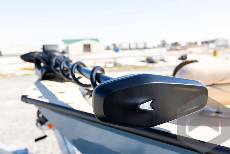 Slide: The Image of 2025 G3 Bay 21 GX boat detail, featuring a close-up of the trolling motor. - 25