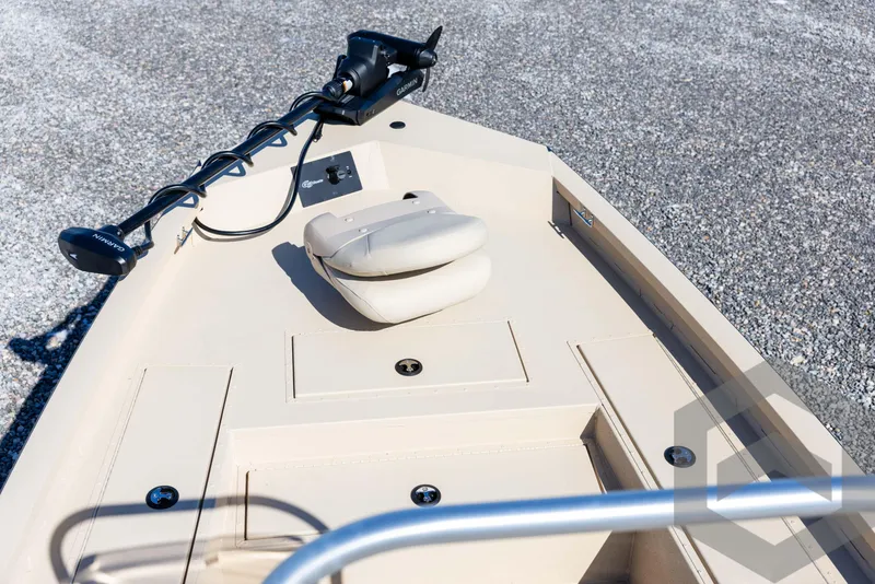 Slide: The Image of 2025 G3 Bay 21 GX boat deck with trolling motor and seating. - 29