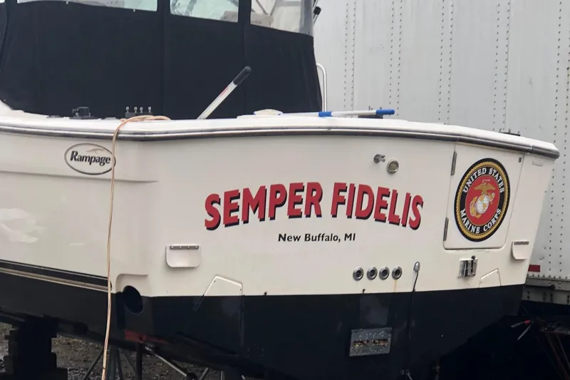 Slide: The Image of 2000 Rampage 30 Express boat with "Semper Fidelis" and Marine Corps emblem, New Buffalo, MI. - 5
