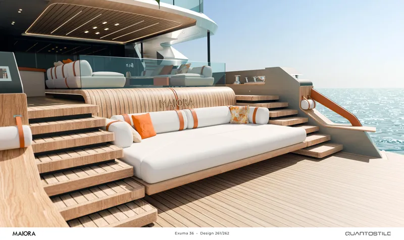 Slide: The Image of Luxurious Maiora 36 Exuma yacht deck with elegant seating, 2026 model, overlooking serene ocean. - 2