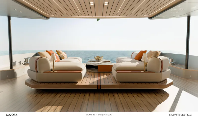 Slide: The Image of Luxurious Maiora 36 Exuma yacht deck with elegant seating, ocean view, and modern design, 2026 model. - 4