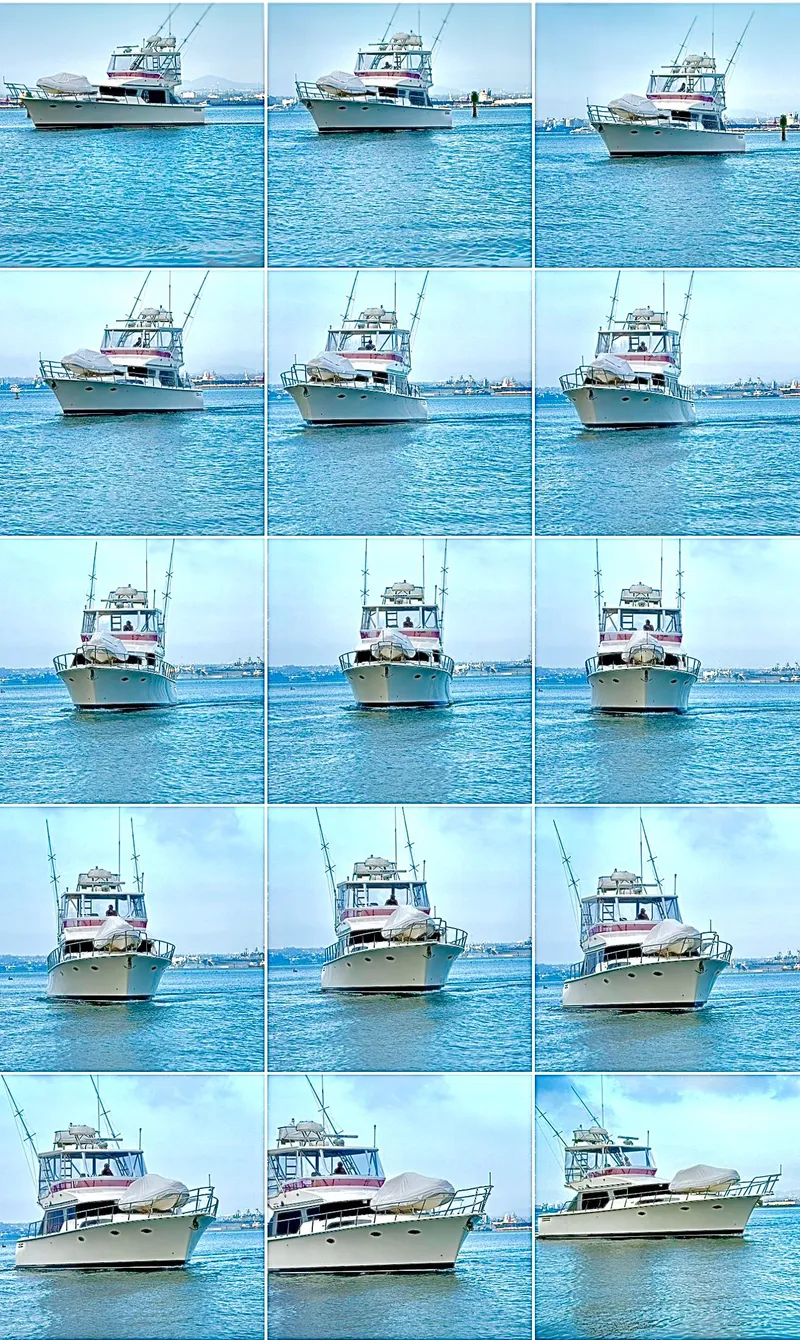 Slide: The Image of 2007 Mikelson 43 Sportfisher boat on water, multiple angles, clear sky background. - 36