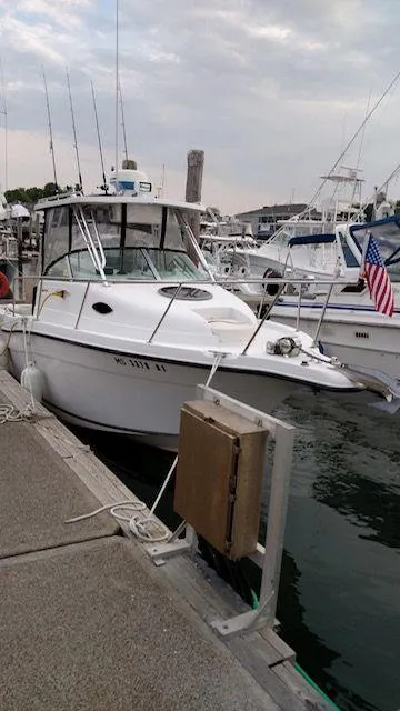 The Image of 2003 Seaswirl Striper 2601 Walkaround I/O docked at marina, overcast sky. - 0