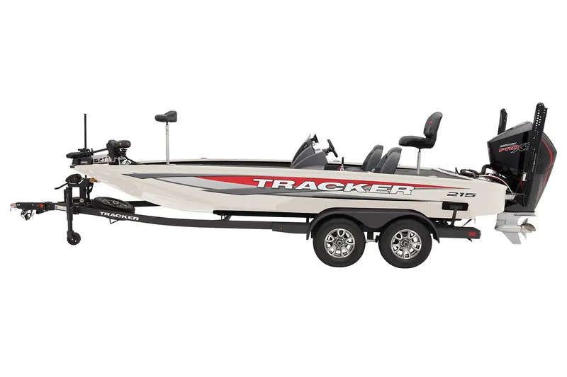 Slide: The Image of 2025 Tracker Savage 215 fishing boat on trailer, side view. - 2