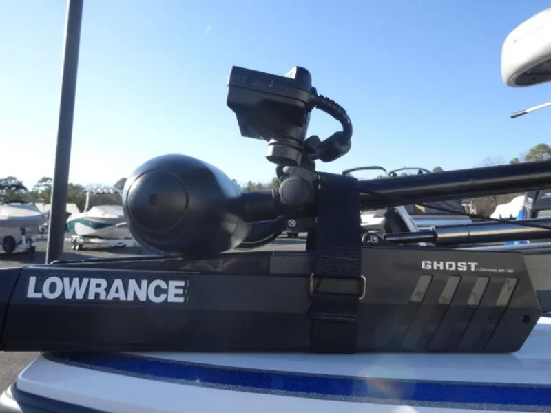 Slide: The Image of Lowrance Ghost trolling motor on 2023 Nitro Z18 boat, outdoor setting. - 4