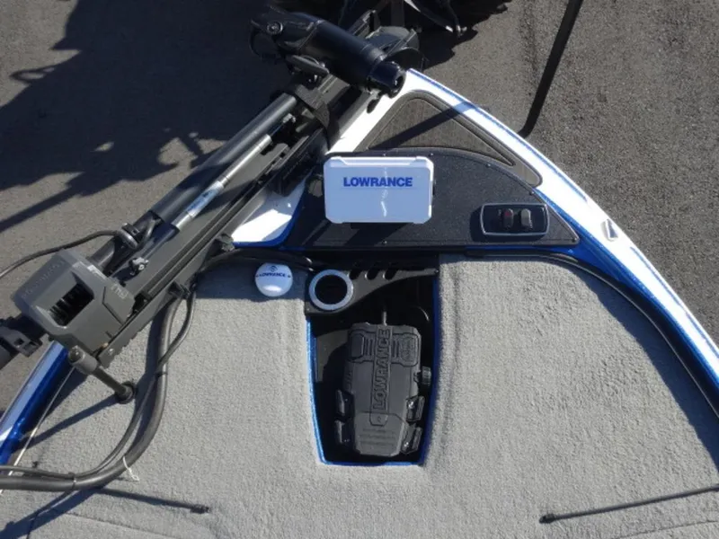 Slide: The Image of 2023 Nitro Z18 boat deck with Lowrance fishfinder and trolling motor. - 9